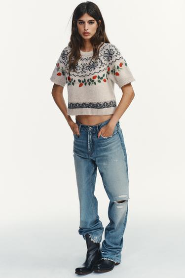 Zara Джемпер с короткими рукавами и жаккардовой вышивкой