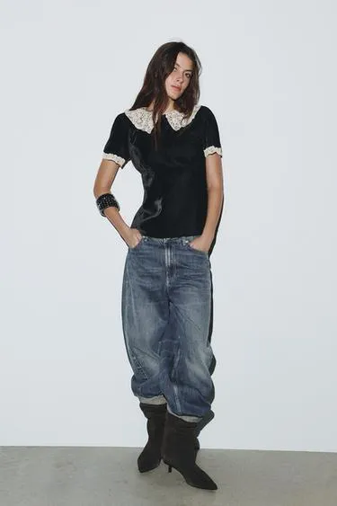 Бархатная рубашка с кружевом кроше и бантом