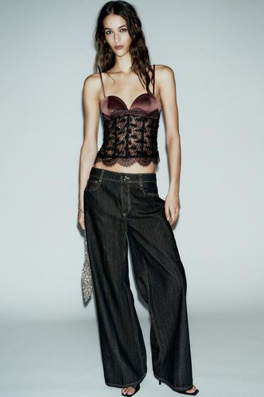 Zara Топ в бельевом стиле с кружевом и пайетками