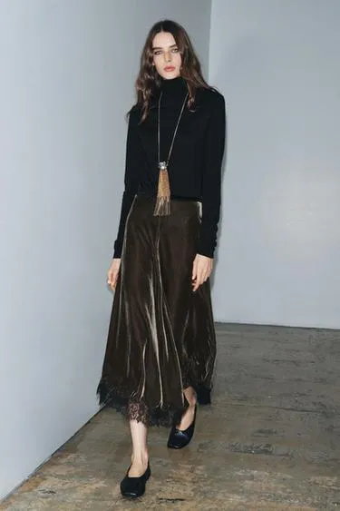 Бархатная юбка с кружевом — ZW COLLECTION LIMITED EDITION