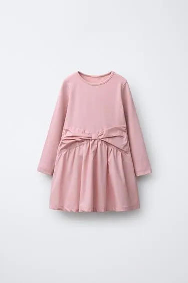 Комбинированное платье в рубчик с бантом- Заказать в России