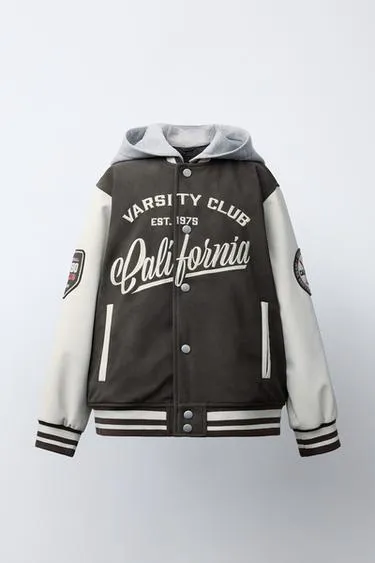 Bomber jacket with hoodie and faux leather sleeves- Заказать в России