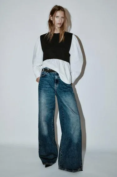 Блуза из поплина с комбинированной тканью