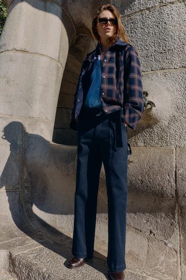 Zara Стеганая куртка в клетку с капюшоном