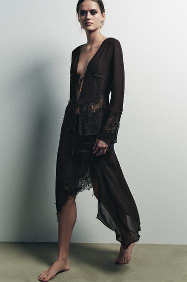 Zara Юбка из жоржета с асимметричным кружевом