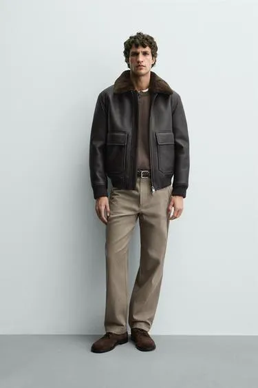 Куртка из искусственной кожи с комбинированным воротником- Заказать в России