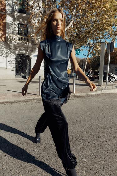 Zara Атласное мини-платье с контрастным кружевом