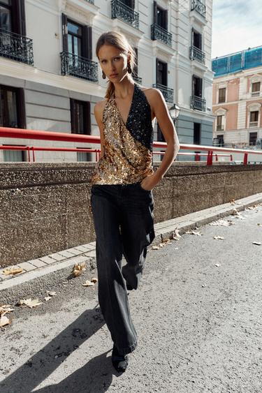 Zara Топ с горловиной халтер и пайетками