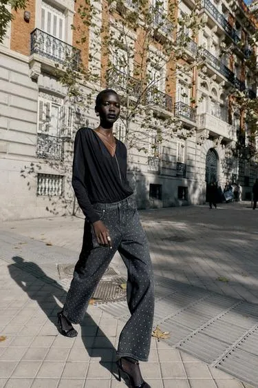 Джинсы Z1975 свободного прямого кроя с высокой посадкой и блестками- Заказать в России