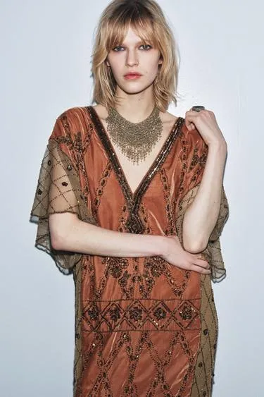 Комбинированное платье из бархата с пайетками и бусинами LIMITED EDITION