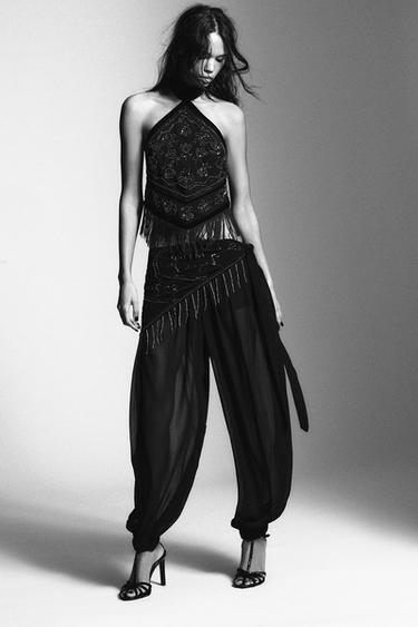 Zara Топ из жоржета с горловиной халтер и бусинами