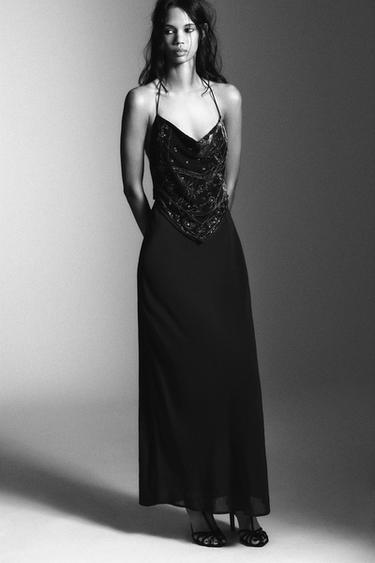 Zara Длинное бархатное платье с бусинами