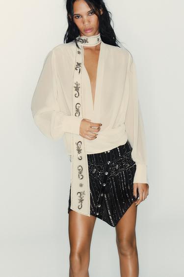 Zara Рубашка из жоржета с фуляром и бусинами