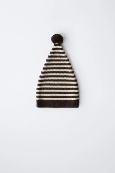 6-12 месяцев/ шапка бини в полоску с помпоном из шерсти