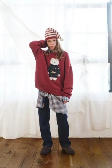 7-12 лет/ вязаный свитер из шерсти с вышитым медвежонком