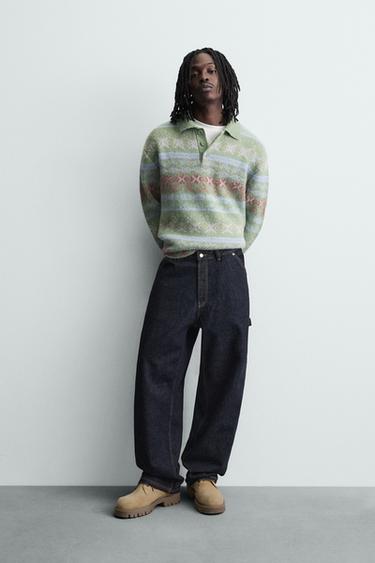 Zara Поло из жаккардового трикотажа с геометрическим узором и текстурой