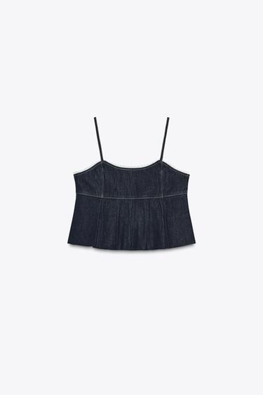 Zara Короткий джинсовый топ Z1975 с кружевом