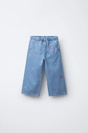 Джинсы WIDE LEG с вышивкой в виде цветов- Заказать в России