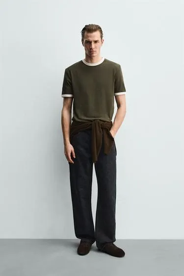 Футболка в рубчик с контрастной отделкой базовая- Заказать в России