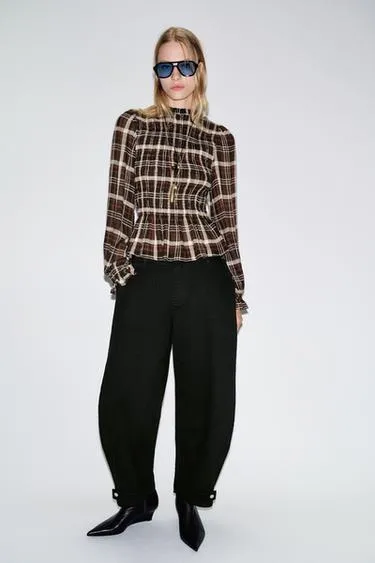 Рубашка в клетку с эластичным жатым узором- Заказать в России