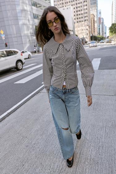 Zara Рубашка в клетку с круглым воротником купить с доставкой.