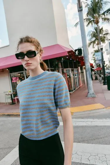 Свитер из 100% шерсти с короткими рукавами в полоску- Заказать в России