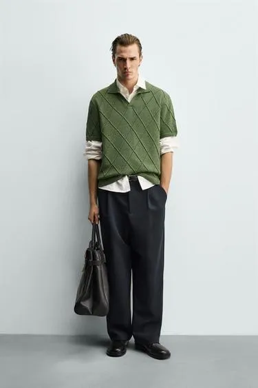 Поло с текстурным узором и прозрачной вязкой- Заказать в России