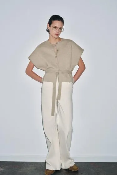 Кардиган с короткими рукавами и поясом- Заказать в России