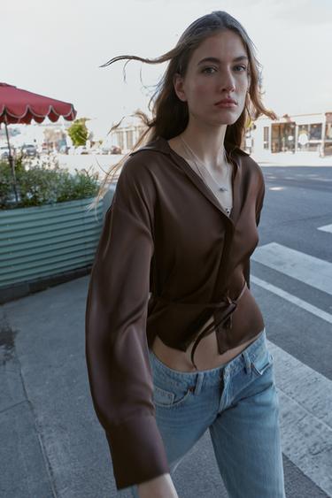 Zara Атласная блузка с поясом