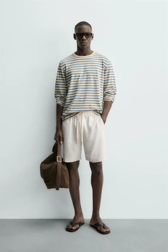 Футболка в полоску из хлопка и льна с длинными рукавами