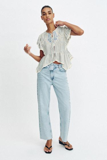 Zara Топ в клетку с вышивкой и кружевом купить с доставкой.