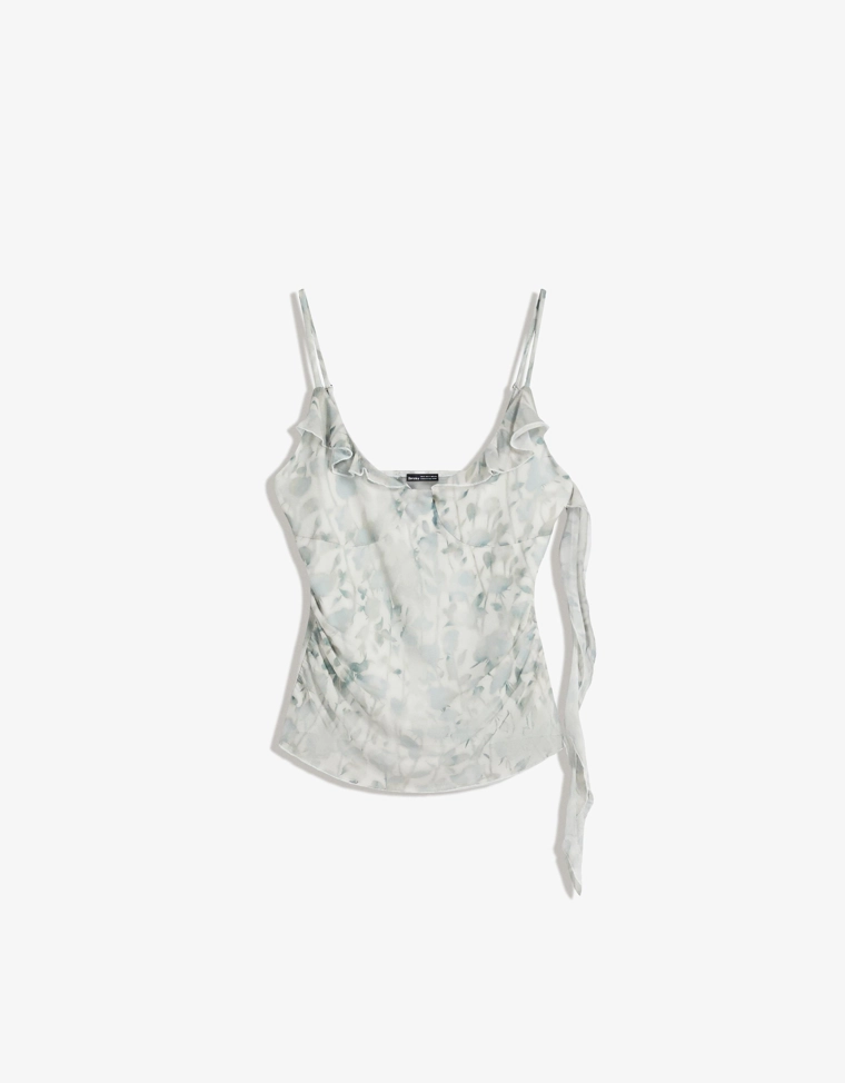 Топ из полупрозрачной ткани с принтом и воланами