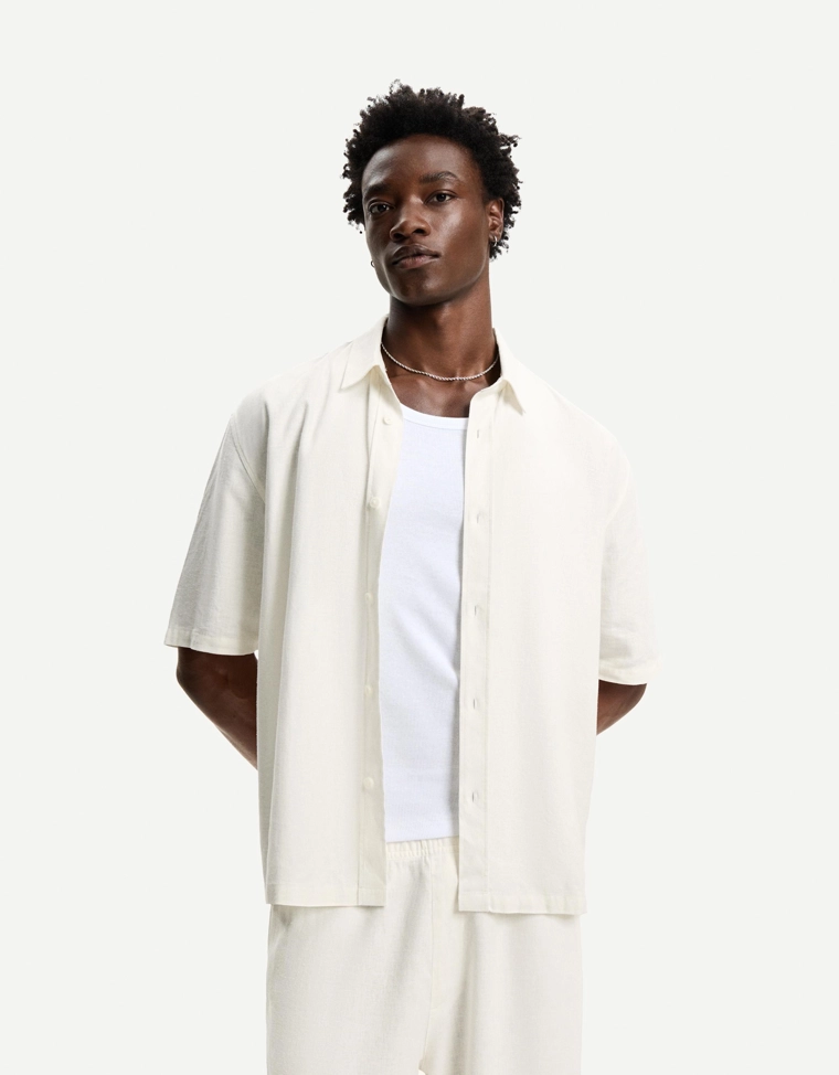 Рубашка из смесового льна с короткими рукавами