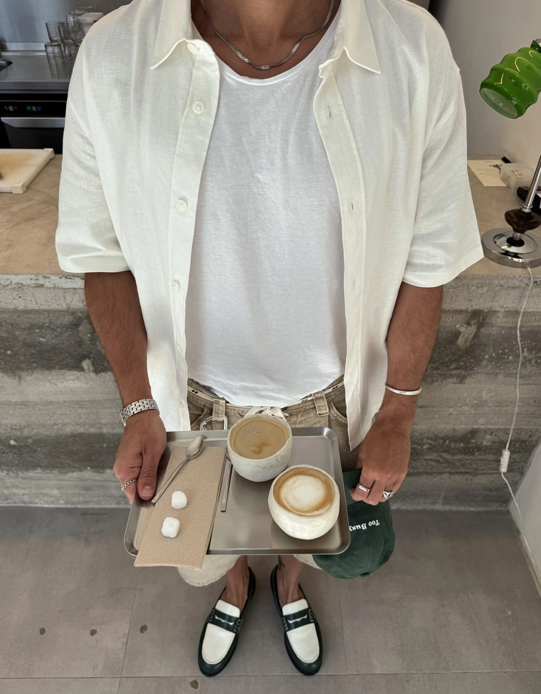 Рубашка из смесового льна с короткими рукавами