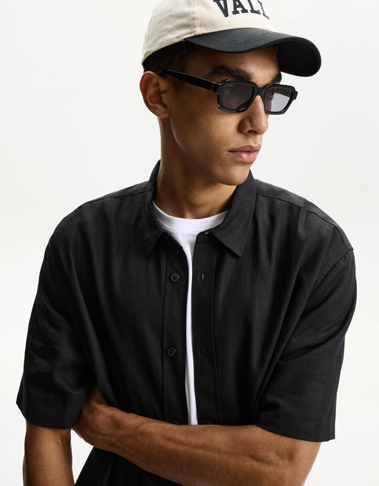 Рубашка из смесового льна с короткими рукавами