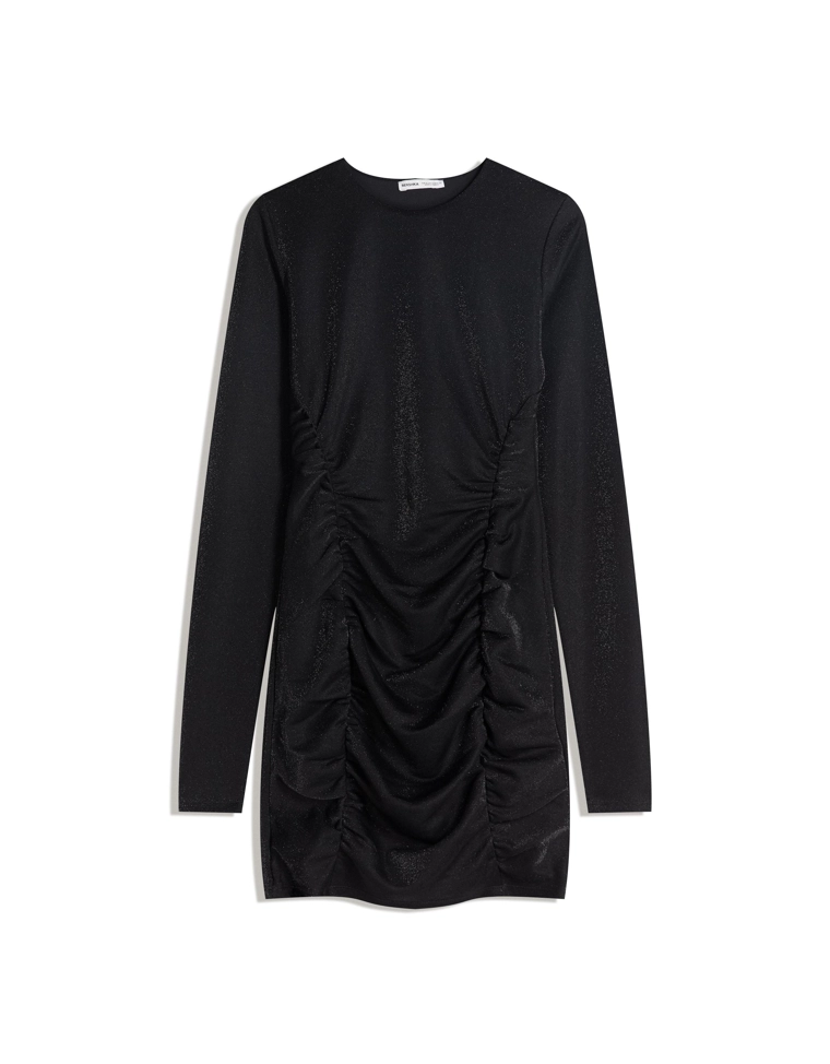 Мини-платье с длинными рукавами, сборками и блестящим эффектом
