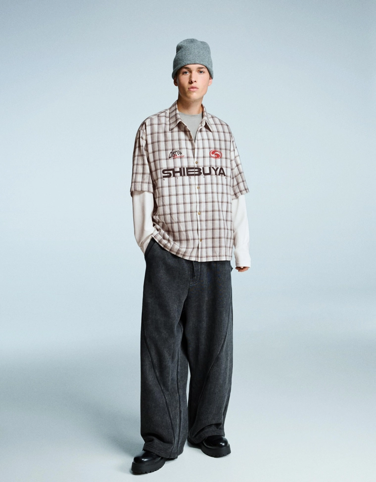 Рубашка свободного кроя в клетку с двойными рукавами