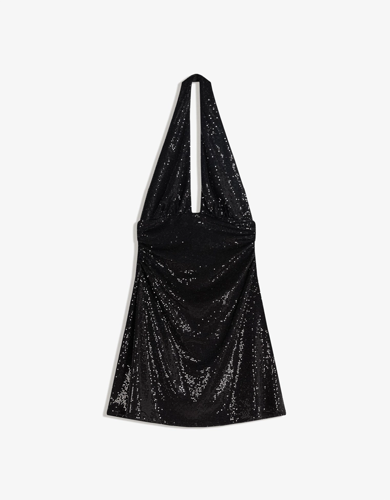 Мини-платье из блестящей ткани со сборками и горловиной халтер