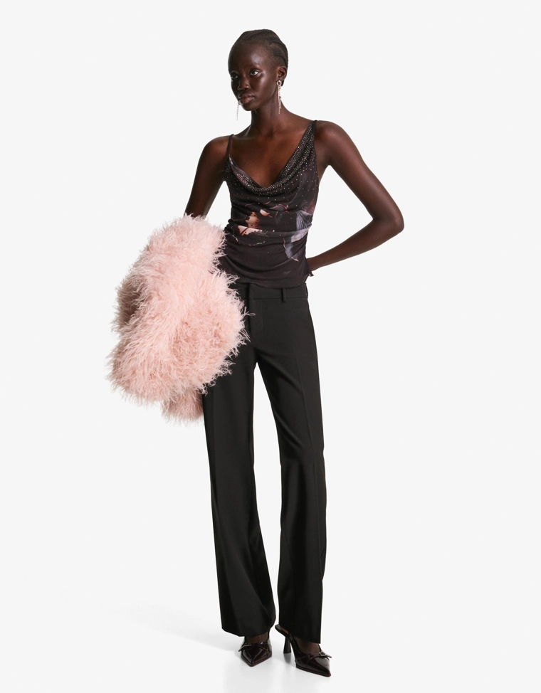 Draped tulle strappy top with rhinestone print