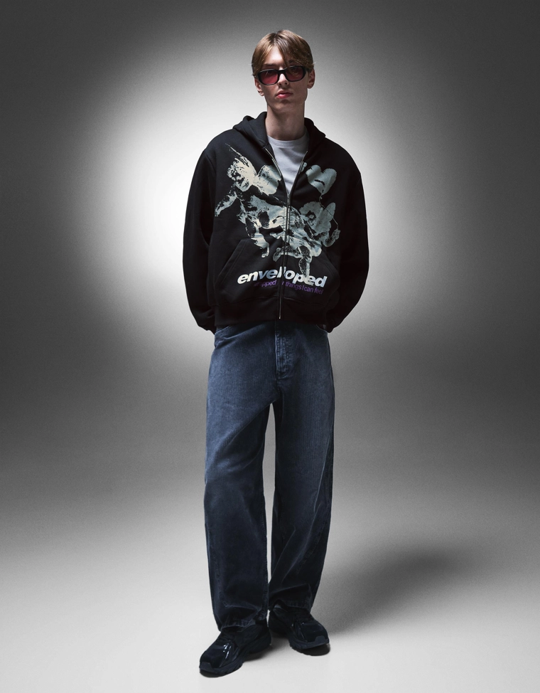 Худи на молнии с капюшоном и принтом