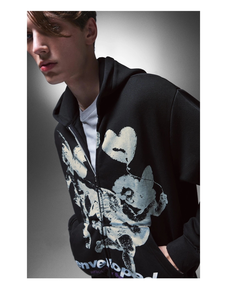 Худи на молнии с капюшоном и принтом