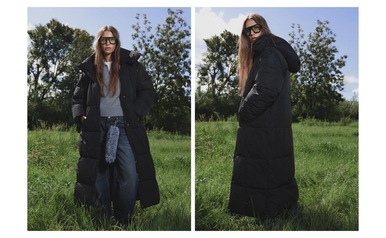 Длинный пуховик с капюшоном из водоотталкивающей ткани