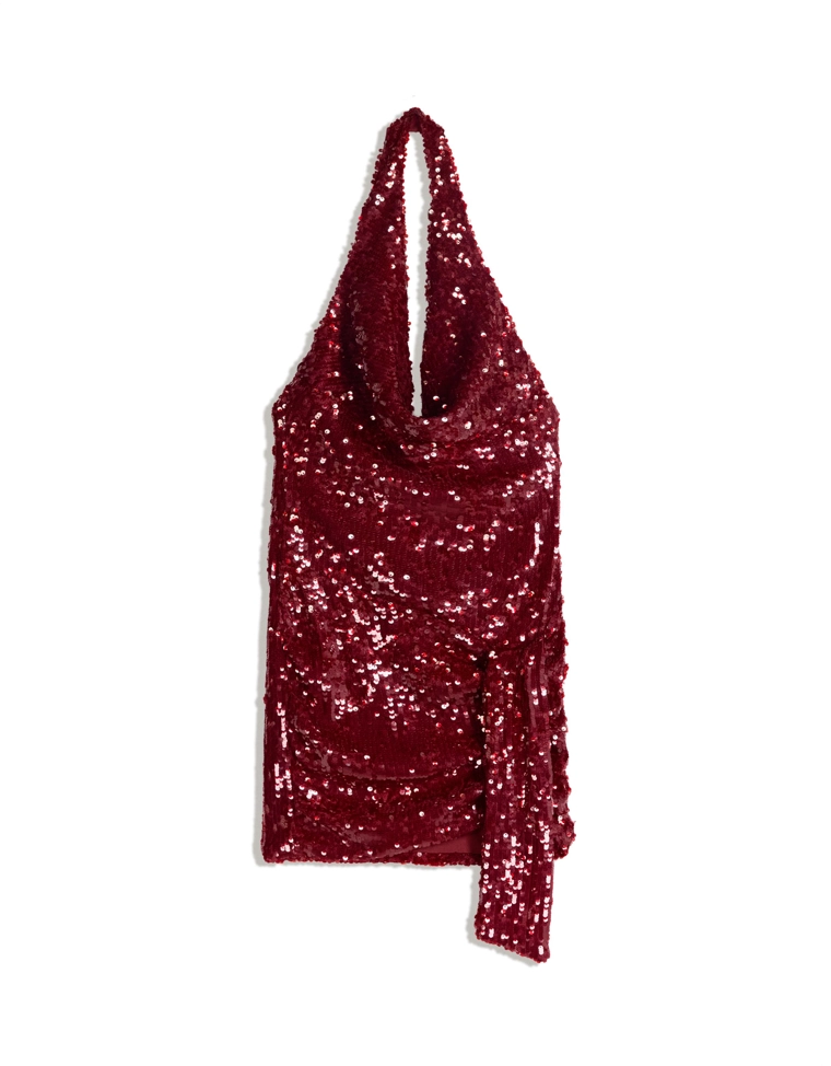 Мини-платье с горловиной халтер, драпировкой и пайетками