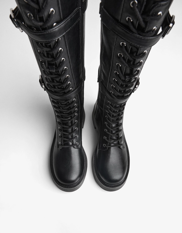 Flat lace-up boots with buckles