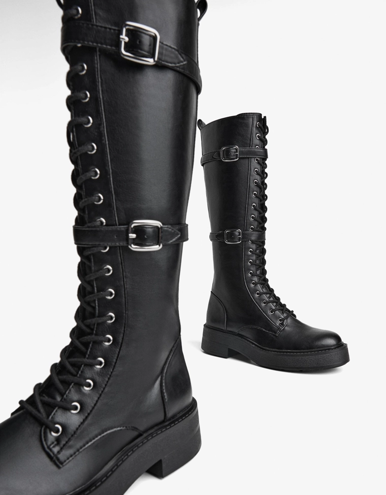Flat lace-up boots with buckles