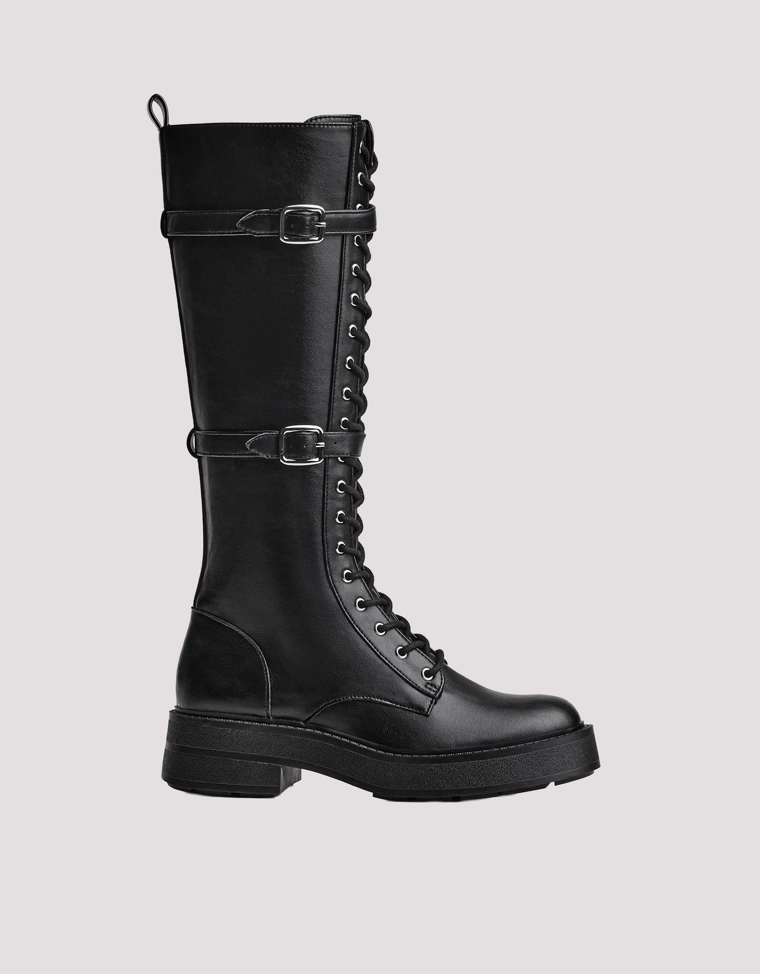 Flat lace-up boots with buckles