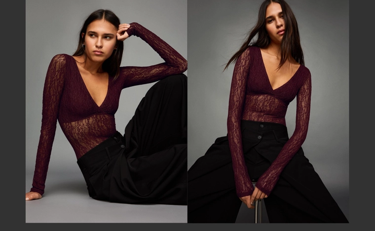 Боди с кружевом и длинными рукавами