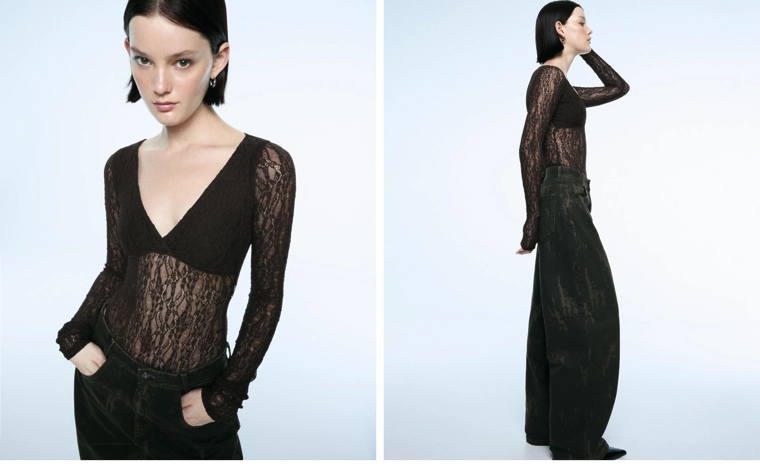 Боди с кружевом и длинными рукавами