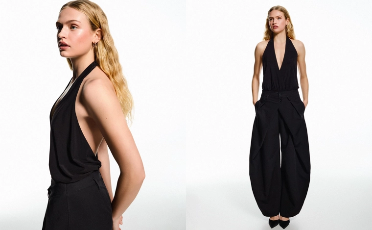 Боди с горловиной халтер и сборками