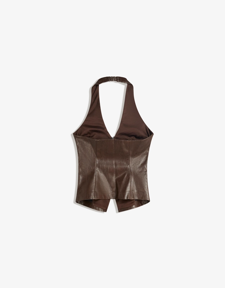 Топ из искусственной кожи с горловиной халтер и молнией